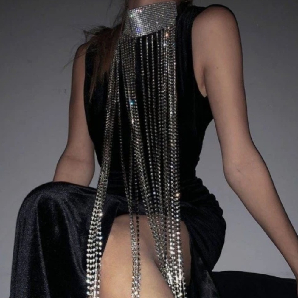 Elegant Black Dress with Silver Rhinestone Fringe